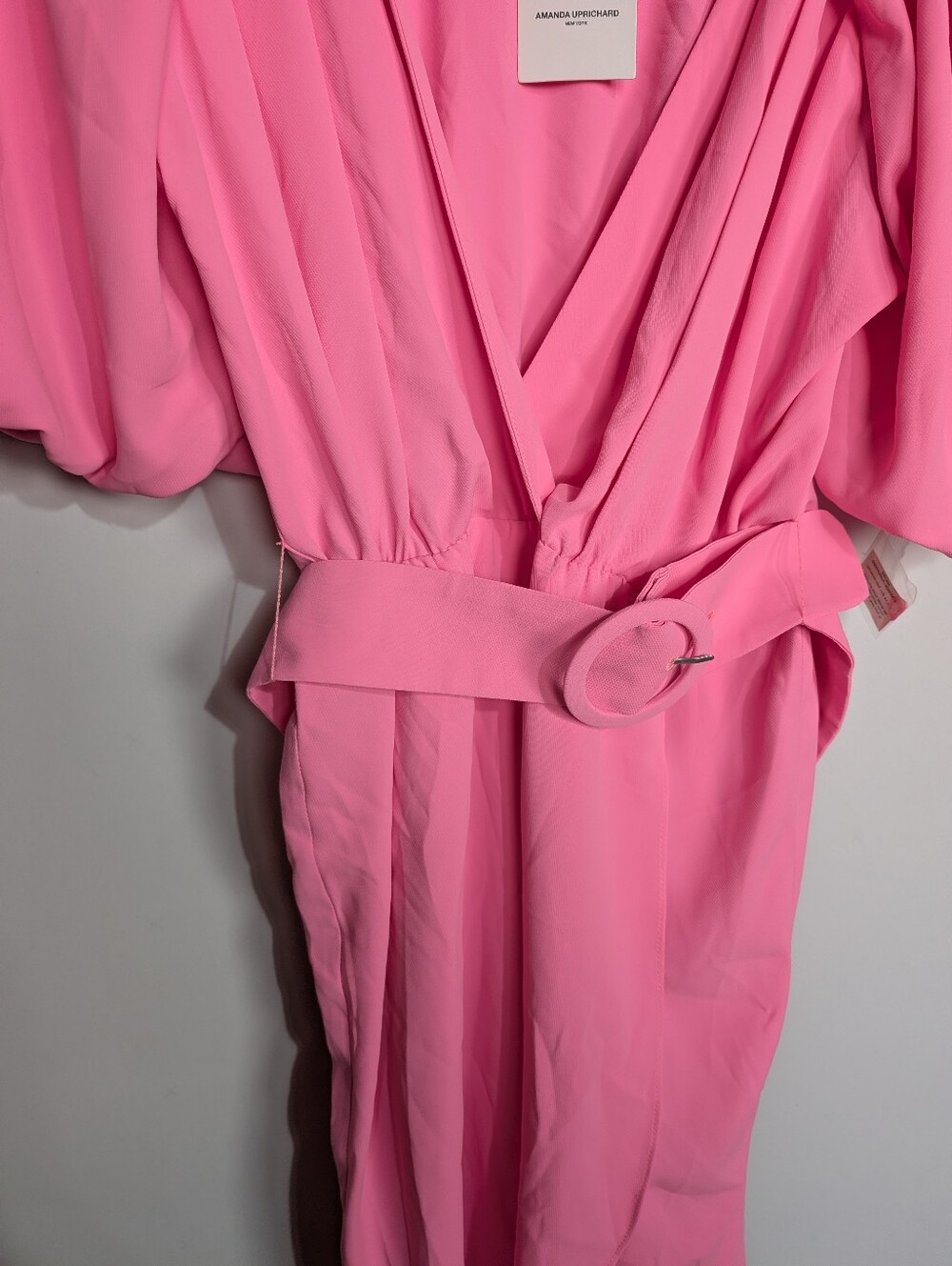 Amanda Uprichard Puff Sleeve Durand Shocking Pink Belted Mini Dress Size Large - Picture 3 of 11